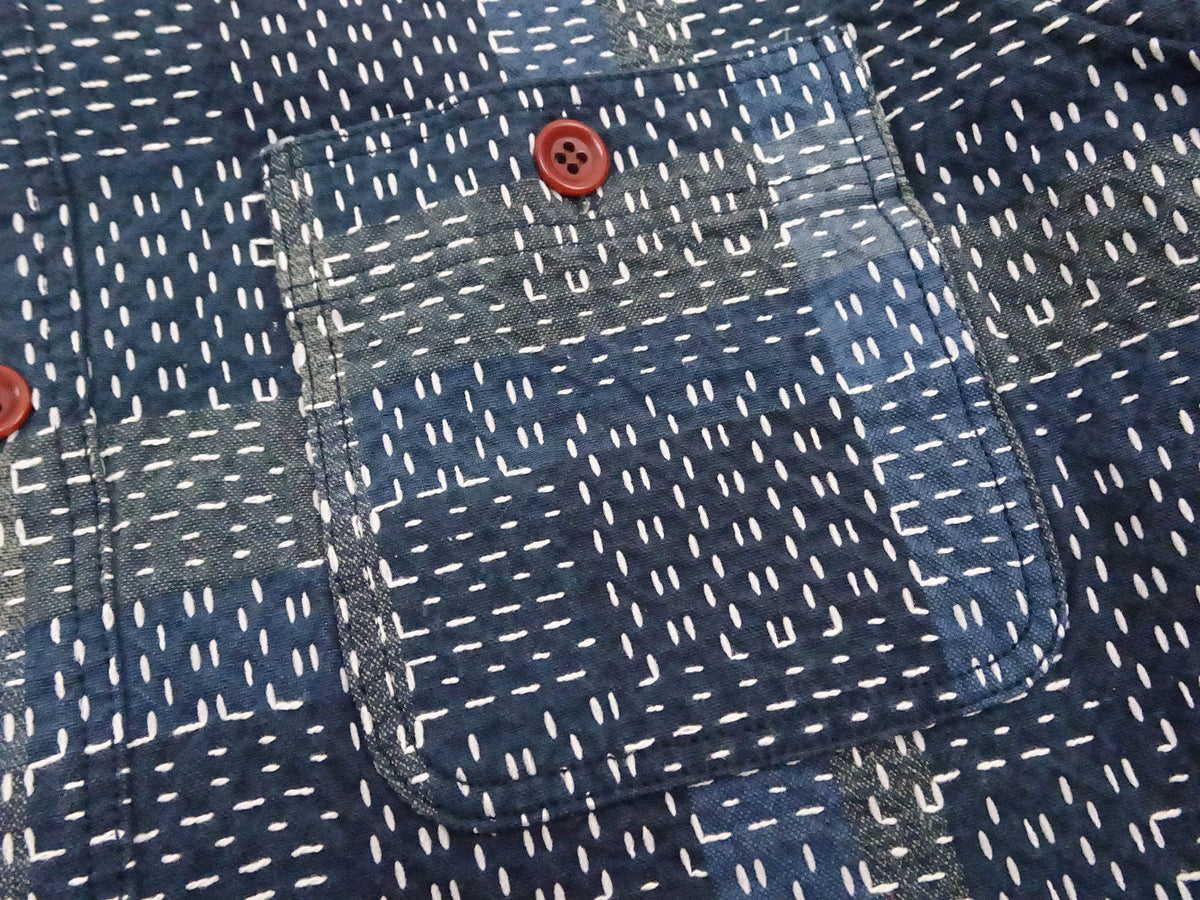Studio D'Artisan Men's Heavyweight Jacquard Work Shirt, Sashiko Stitch Boro/Noragi-Inspired Slub Plaid, 100% Cotton, Made in Japan (SDA 5651 Blue)
