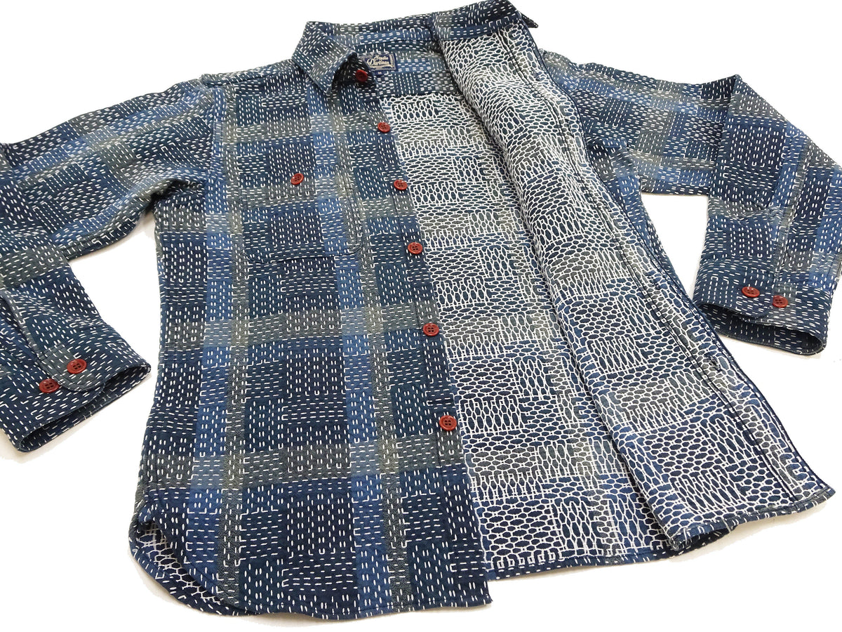 Studio D'Artisan Men's Heavyweight Jacquard Work Shirt, Sashiko Stitch Boro/Noragi-Inspired Slub Plaid, 100% Cotton, Made in Japan (SDA 5651 Blue)