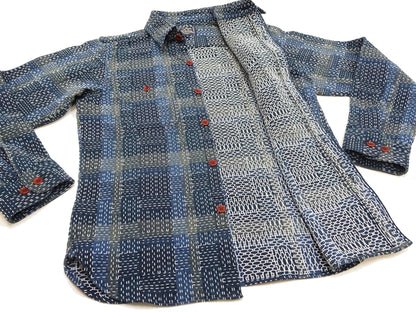 Studio D'Artisan Men's Heavyweight Jacquard Work Shirt, Sashiko Stitch Boro/Noragi-Inspired Slub Plaid, 100% Cotton, Made in Japan (SDA 5651 Blue)
