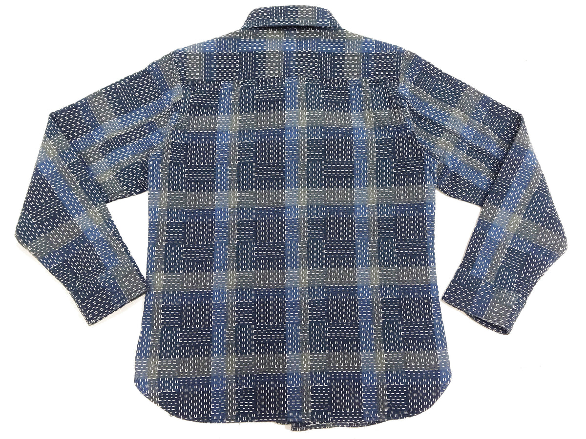 Studio D'Artisan Men's Heavyweight Jacquard Work Shirt, Sashiko Stitch Boro/Noragi-Inspired Slub Plaid, 100% Cotton, Made in Japan (SDA 5651 Blue)
