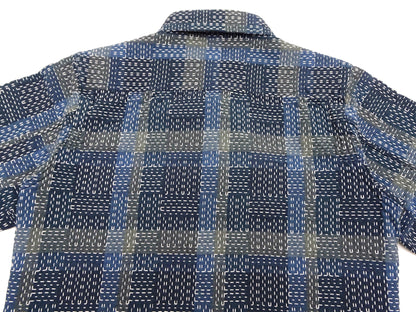 Studio D'Artisan Men's Heavyweight Jacquard Work Shirt, Sashiko Stitch Boro/Noragi-Inspired Slub Plaid, 100% Cotton, Made in Japan (SDA 5651 Blue)