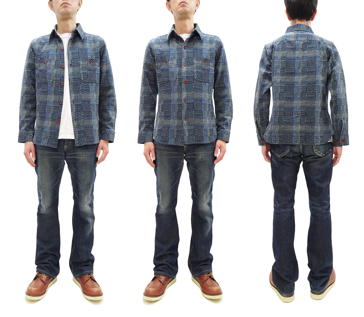 Studio D'Artisan Men's Heavyweight Jacquard Work Shirt, Sashiko Stitch Boro/Noragi-Inspired Slub Plaid, 100% Cotton, Made in Japan (SDA 5651 Blue)
