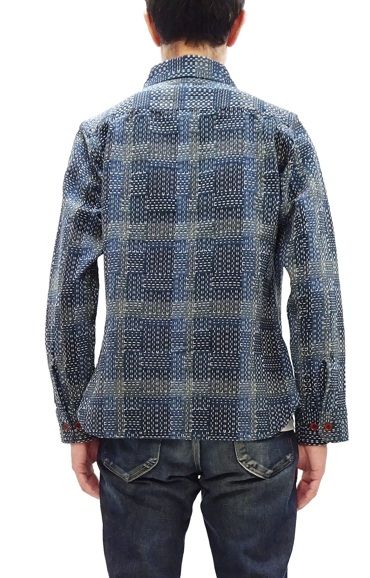Studio D'Artisan Men's Heavyweight Jacquard Work Shirt, Sashiko Stitch Boro/Noragi-Inspired Slub Plaid, 100% Cotton, Made in Japan (SDA 5651 Blue)