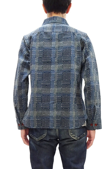 Studio D'Artisan Men's Heavyweight Jacquard Work Shirt, Sashiko Stitch Boro/Noragi-Inspired Slub Plaid, 100% Cotton, Made in Japan (SDA 5651 Blue)