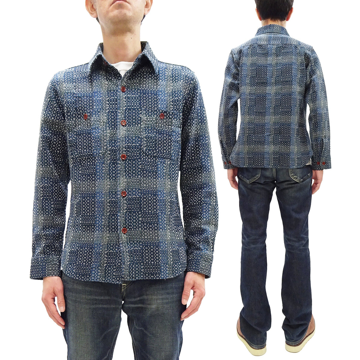 Studio D'Artisan Men's Heavyweight Jacquard Work Shirt, Sashiko Stitch Boro/Noragi-Inspired Slub Plaid, 100% Cotton, Made in Japan (SDA 5651 Blue)