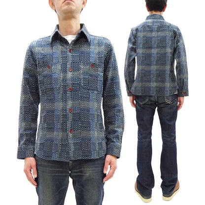 Studio D'Artisan Men's Heavyweight Jacquard Work Shirt, Sashiko Stitch Boro/Noragi-Inspired Slub Plaid, 100% Cotton, Made in Japan (SDA 5651 Blue)