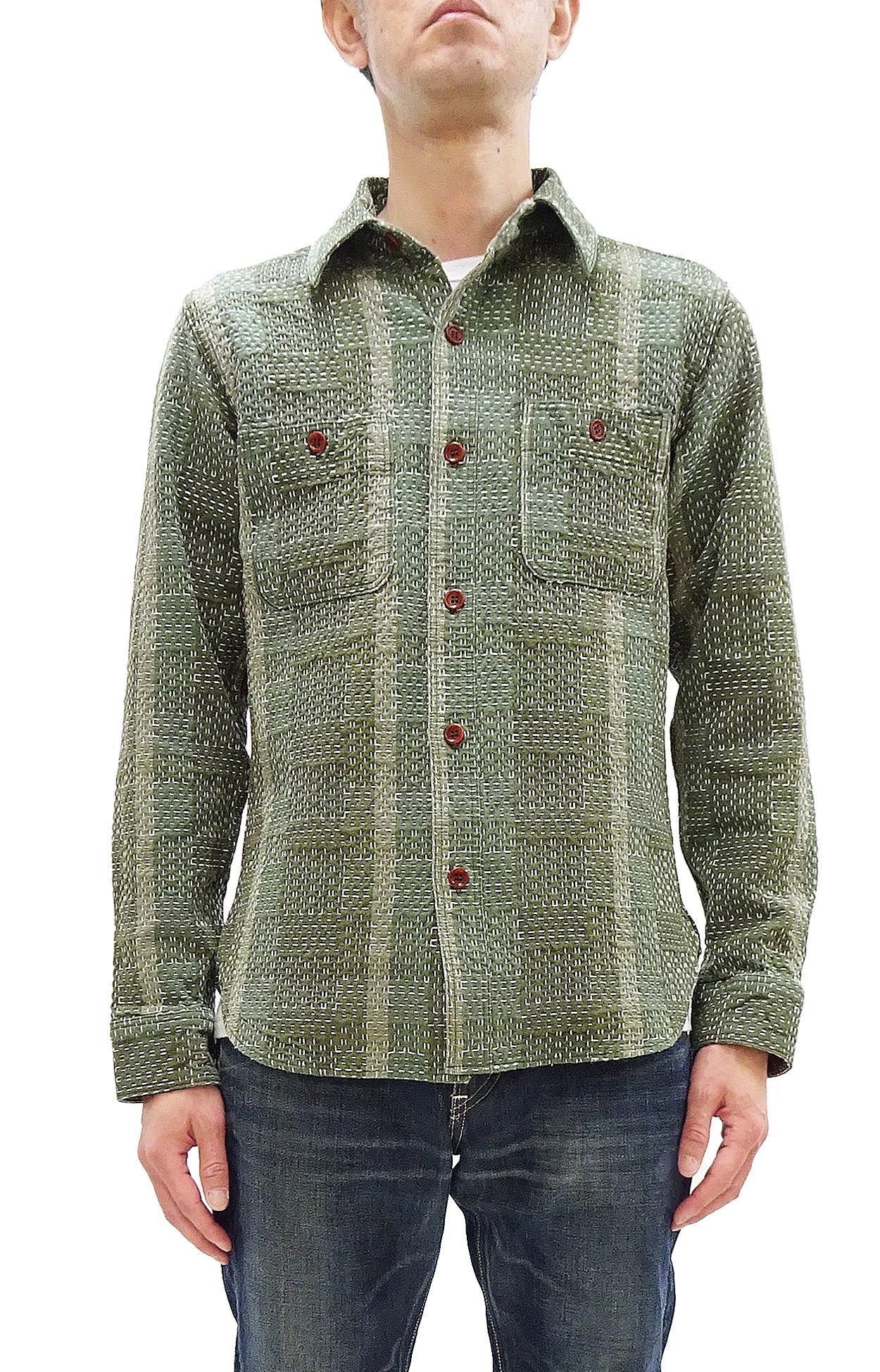 Studio D'Artisan Men's Heavyweight Jacquard Work Shirt, Sashiko Stitch Boro/Noragi-Inspired Slub Plaid, 100% Cotton, Made in Japan (SDA 5651 Green)