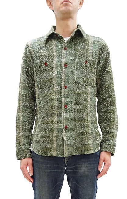 Studio D'Artisan Men's Heavyweight Jacquard Work Shirt, Sashiko Stitch Boro/Noragi-Inspired Slub Plaid, 100% Cotton, Made in Japan (SDA 5651 Green)