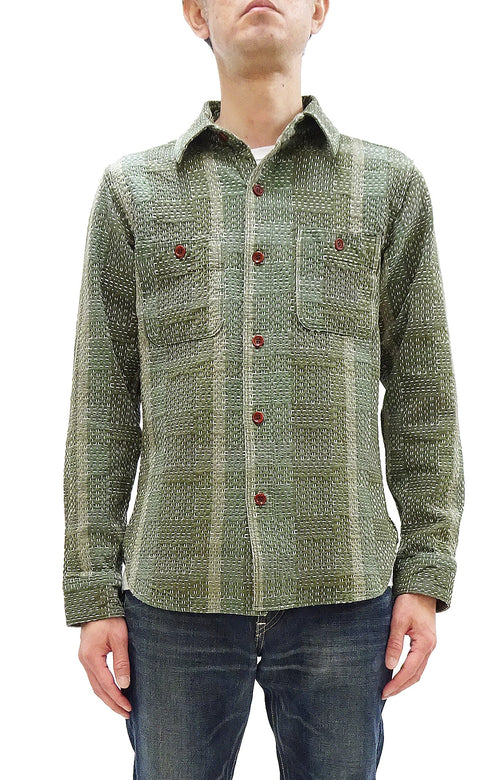 Studio D'Artisan Men's Heavyweight Jacquard Work Shirt, Sashiko Stitch Boro/Noragi-Inspired Slub Plaid, 100% Cotton, Made in Japan (SDA 5651 Green)