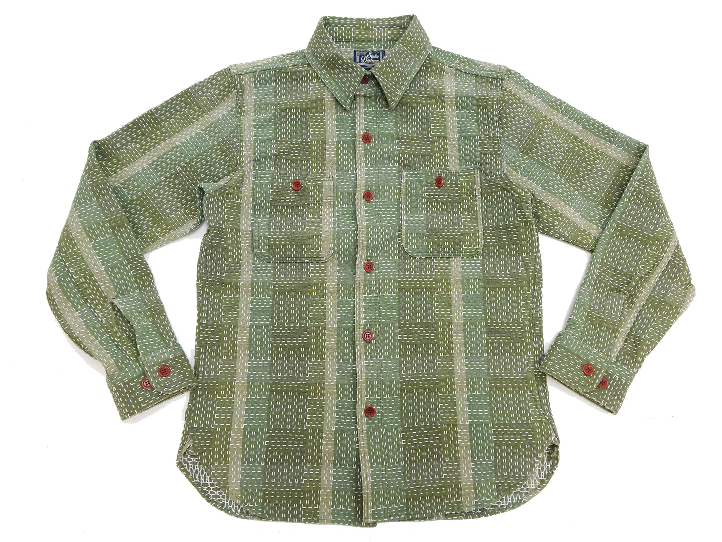 Studio D'Artisan Men's Heavyweight Jacquard Work Shirt, Sashiko Stitch Boro/Noragi-Inspired Slub Plaid, 100% Cotton, Made in Japan (SDA 5651 Green)