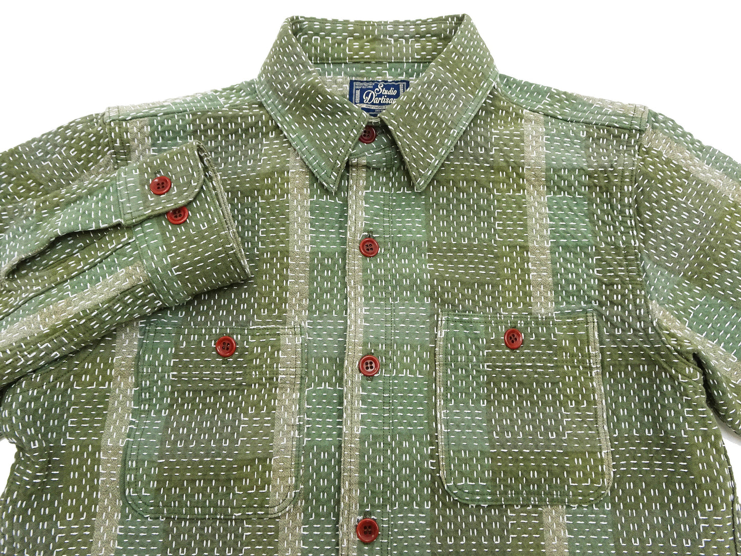 Studio D'Artisan Men's Heavyweight Jacquard Work Shirt, Sashiko Stitch Boro/Noragi-Inspired Slub Plaid, 100% Cotton, Made in Japan (SDA 5651 Green)