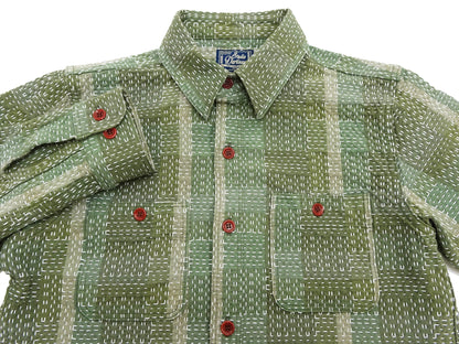 Studio D'Artisan Men's Heavyweight Jacquard Work Shirt, Sashiko Stitch Boro/Noragi-Inspired Slub Plaid, 100% Cotton, Made in Japan (SDA 5651 Green)