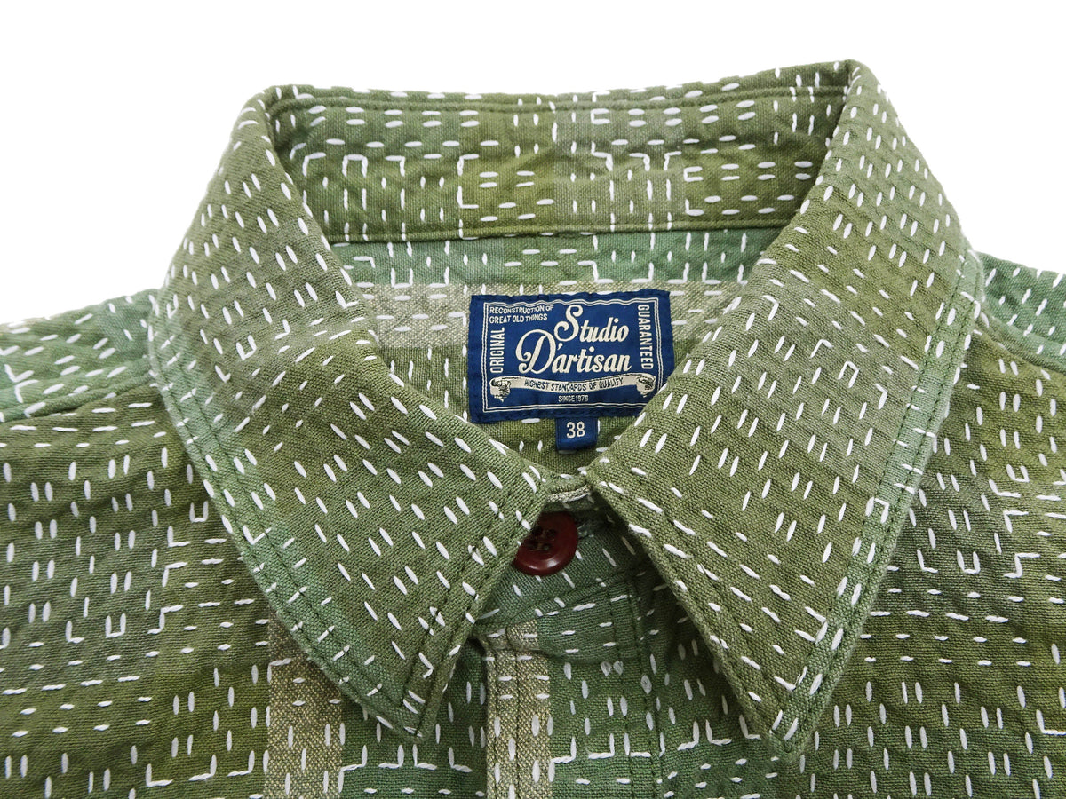 Studio D'Artisan Men's Heavyweight Jacquard Work Shirt, Sashiko Stitch Boro/Noragi-Inspired Slub Plaid, 100% Cotton, Made in Japan (SDA 5651 Green)