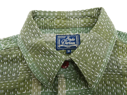 Studio D'Artisan Men's Heavyweight Jacquard Work Shirt, Sashiko Stitch Boro/Noragi-Inspired Slub Plaid, 100% Cotton, Made in Japan (SDA 5651 Green)