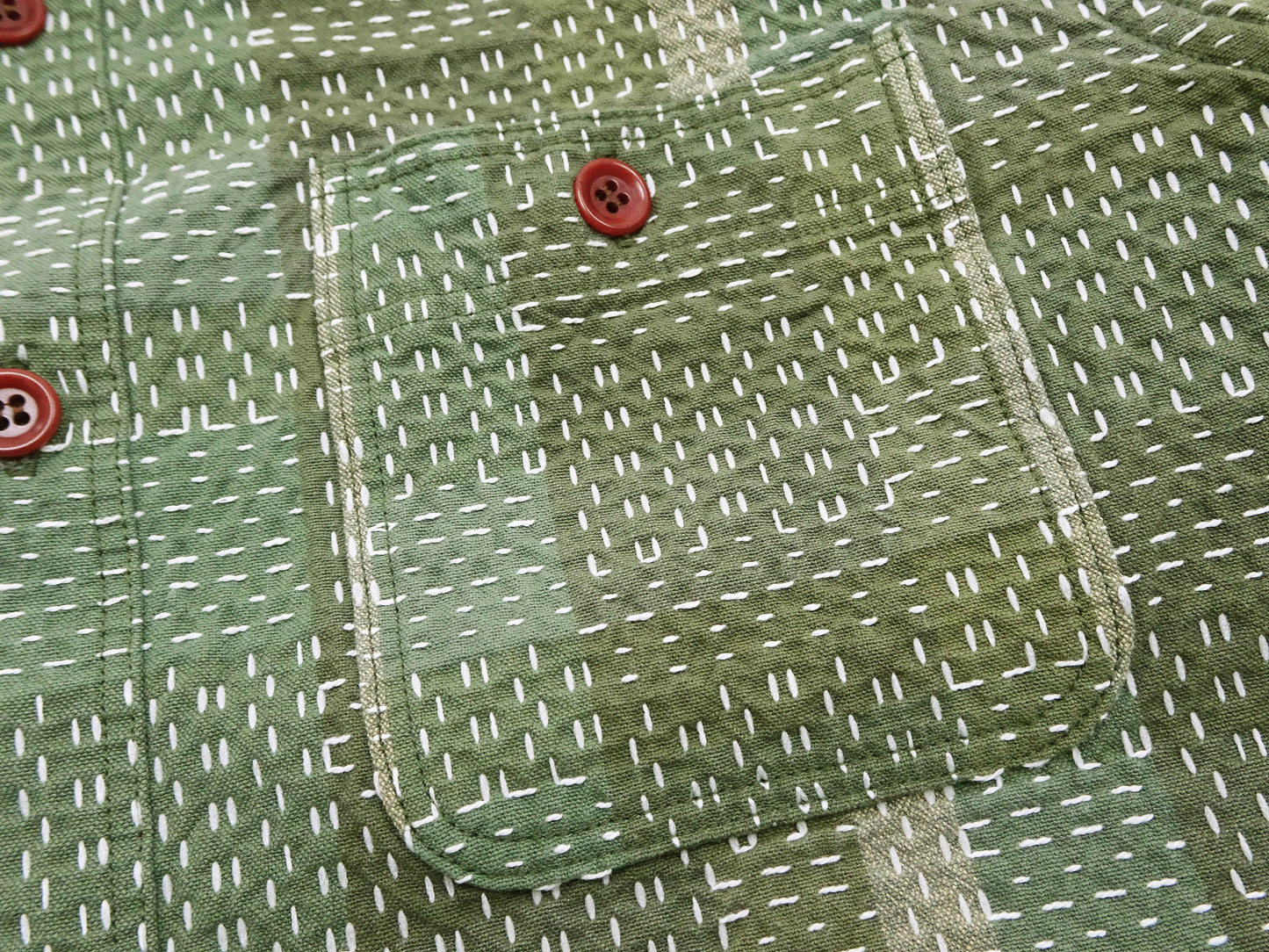 Studio D'Artisan Men's Heavyweight Jacquard Work Shirt, Sashiko Stitch Boro/Noragi-Inspired Slub Plaid, 100% Cotton, Made in Japan (SDA 5651 Green)