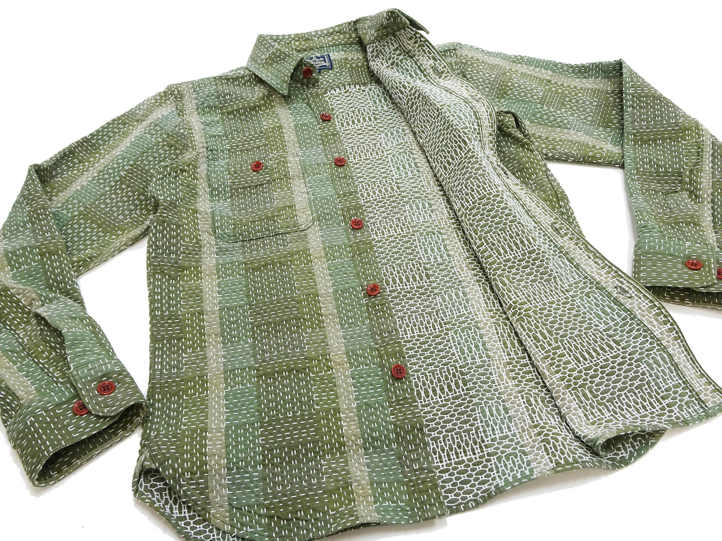 Studio D'Artisan Men's Heavyweight Jacquard Work Shirt, Sashiko Stitch Boro/Noragi-Inspired Slub Plaid, 100% Cotton, Made in Japan (SDA 5651 Green)