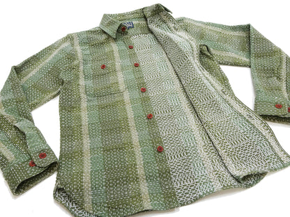 Studio D'Artisan Men's Heavyweight Jacquard Work Shirt, Sashiko Stitch Boro/Noragi-Inspired Slub Plaid, 100% Cotton, Made in Japan (SDA 5651 Green)