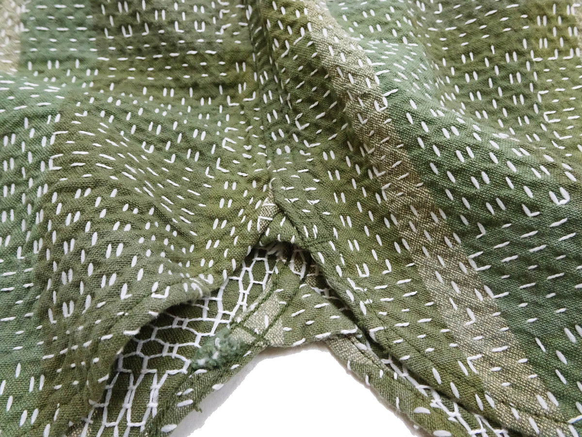 Studio D'Artisan Men's Heavyweight Jacquard Work Shirt, Sashiko Stitch Boro/Noragi-Inspired Slub Plaid, 100% Cotton, Made in Japan (SDA 5651 Green)