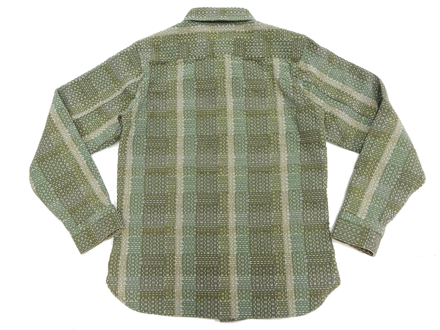 Studio D'Artisan Men's Heavyweight Jacquard Work Shirt, Sashiko Stitch Boro/Noragi-Inspired Slub Plaid, 100% Cotton, Made in Japan (SDA 5651 Green)