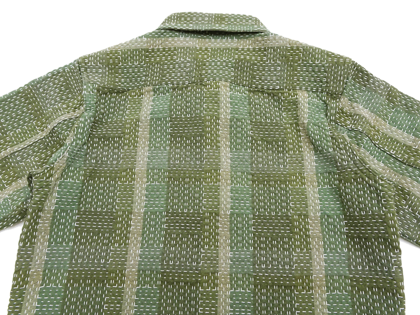 Studio D'Artisan Men's Heavyweight Jacquard Work Shirt, Sashiko Stitch Boro/Noragi-Inspired Slub Plaid, 100% Cotton, Made in Japan (SDA 5651 Green)