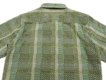 Studio D'Artisan Men's Heavyweight Jacquard Work Shirt, Sashiko Stitch Boro/Noragi-Inspired Slub Plaid, 100% Cotton, Made in Japan (SDA 5651 Green)
