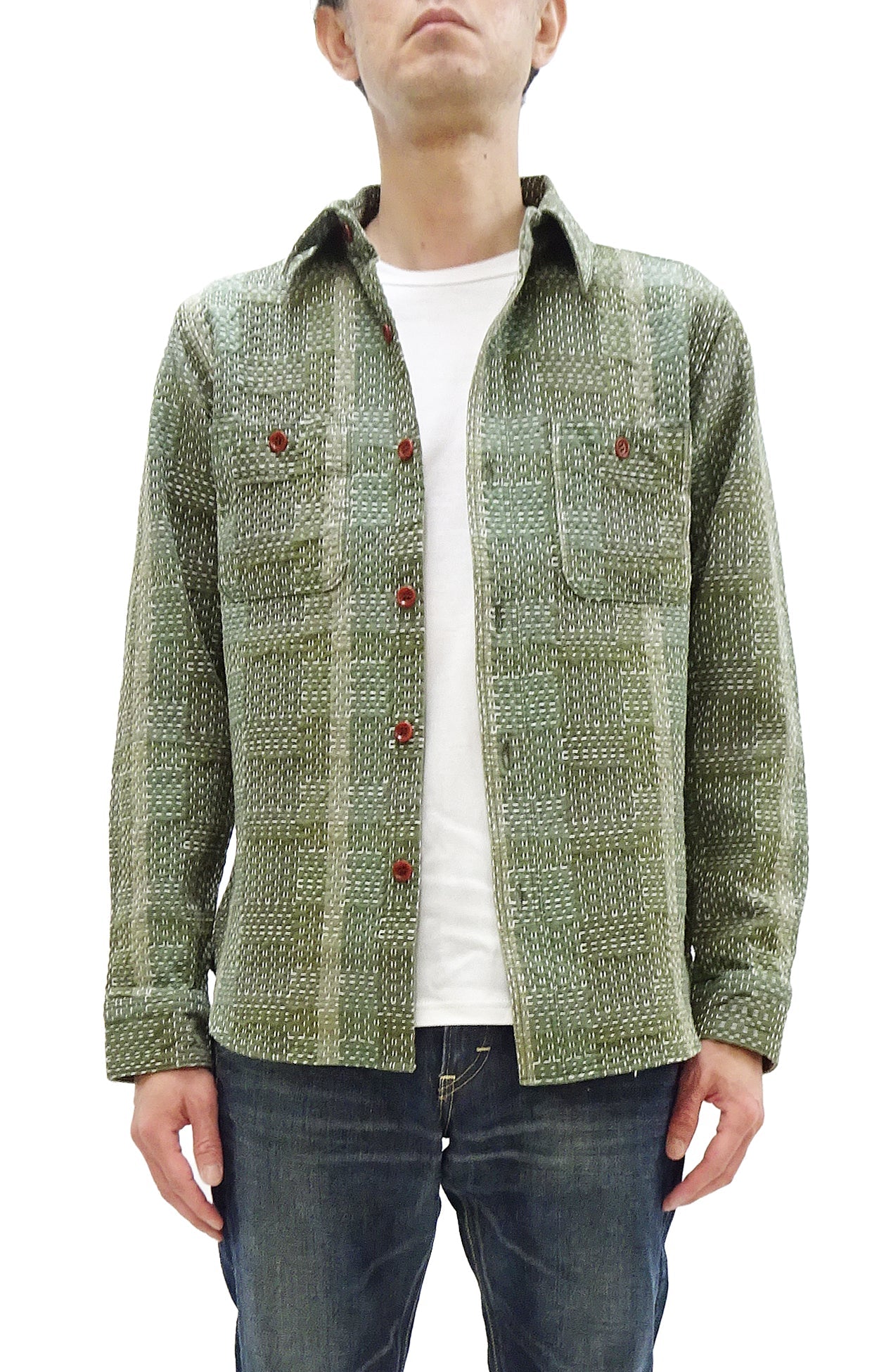 Studio D'Artisan Men's Heavyweight Jacquard Work Shirt, Sashiko Stitch Boro/Noragi-Inspired Slub Plaid, 100% Cotton, Made in Japan (SDA 5651 Green)