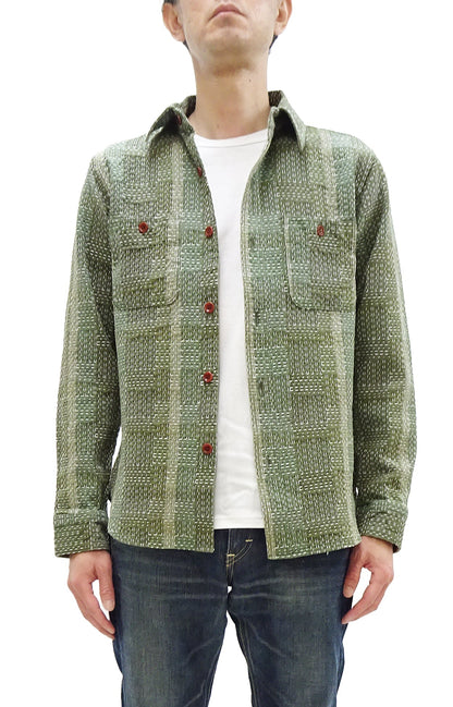 Studio D'Artisan Men's Heavyweight Jacquard Work Shirt, Sashiko Stitch Boro/Noragi-Inspired Slub Plaid, 100% Cotton, Made in Japan (SDA 5651 Green)