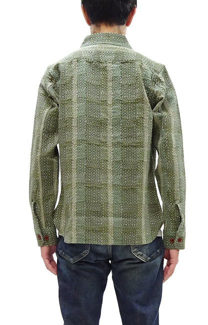 Studio D'Artisan Men's Heavyweight Jacquard Work Shirt, Sashiko Stitch Boro/Noragi-Inspired Slub Plaid, 100% Cotton, Made in Japan (SDA 5651 Green)