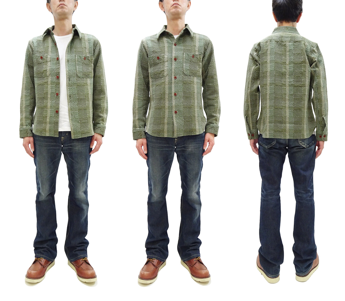 Studio D'Artisan Men's Heavyweight Jacquard Work Shirt, Sashiko Stitch Boro/Noragi-Inspired Slub Plaid, 100% Cotton, Made in Japan (SDA 5651 Green)