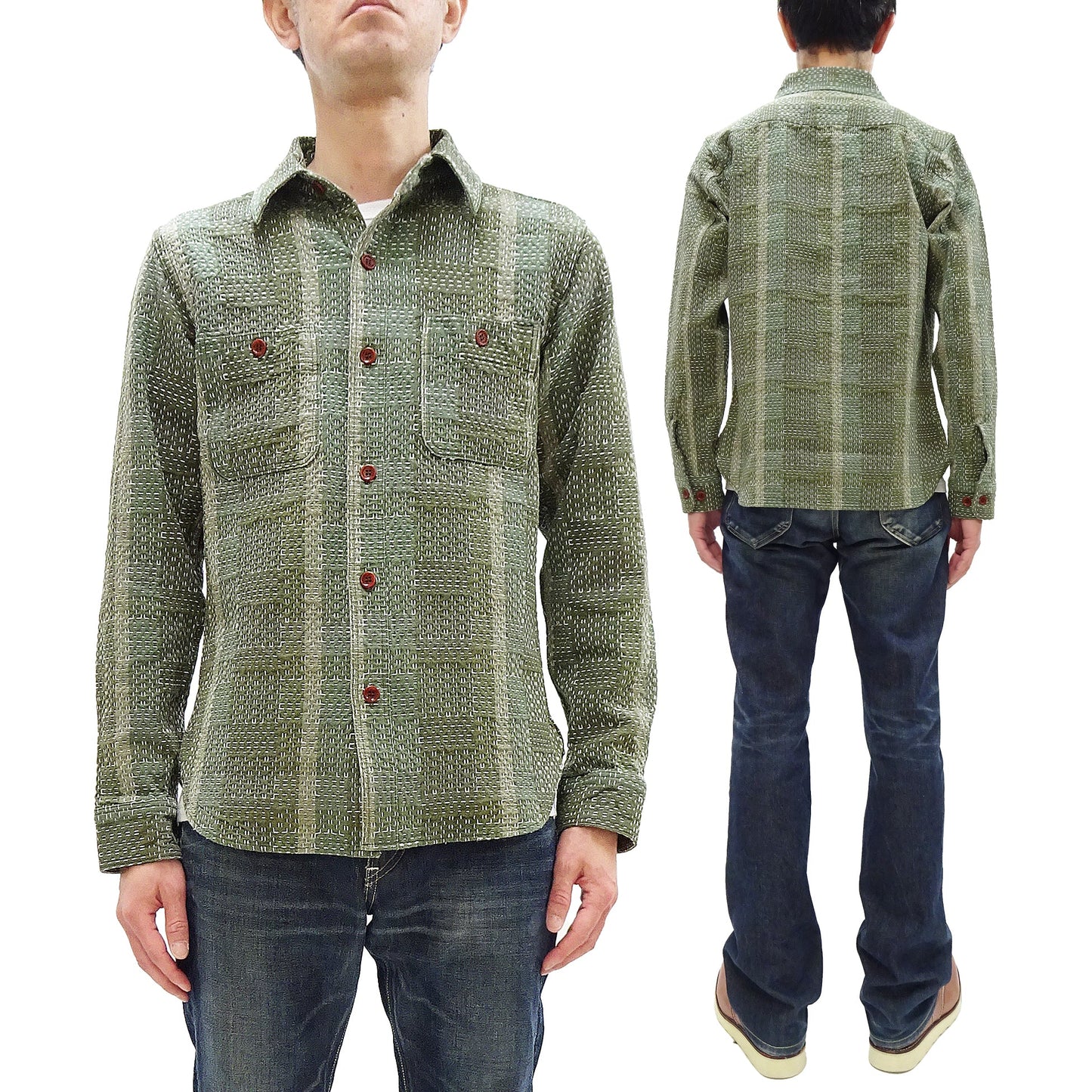 Studio D'Artisan Men's Heavyweight Jacquard Work Shirt, Sashiko Stitch Boro/Noragi-Inspired Slub Plaid, 100% Cotton, Made in Japan (SDA 5651 Green)
