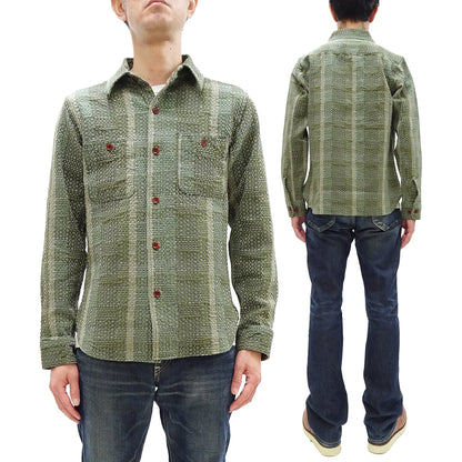 Studio D'Artisan Men's Heavyweight Jacquard Work Shirt, Sashiko Stitch Boro/Noragi-Inspired Slub Plaid, 100% Cotton, Made in Japan (SDA 5651 Green)