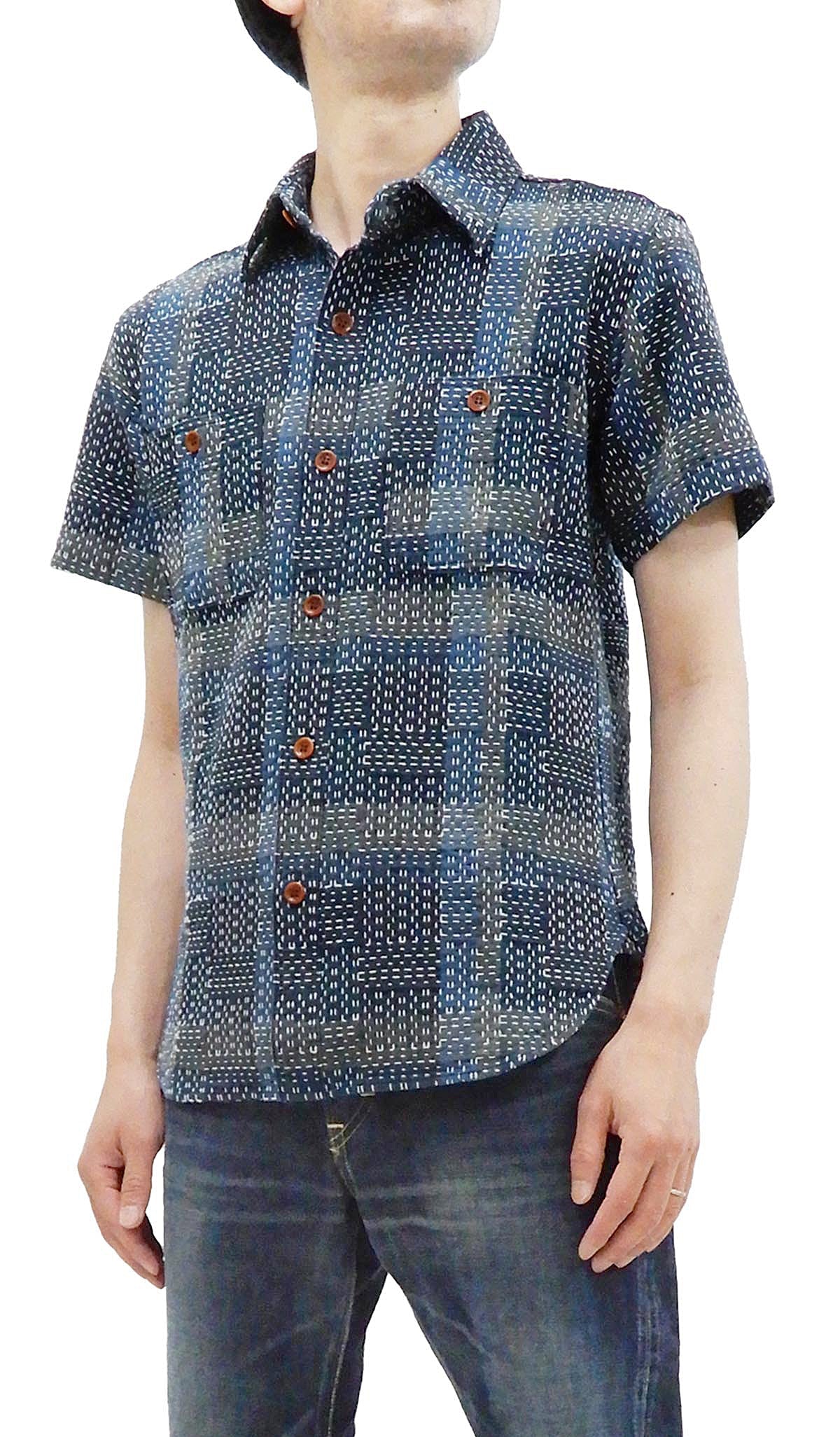 Studio D'artisan Men's Noragi-Style Sashiko Jacquard Short Sleeve Shirt, Boro-Inspired Heavyweight Japanese Workwear Button-Up Shirt, Made in Japan (SDA 5657, Blue)