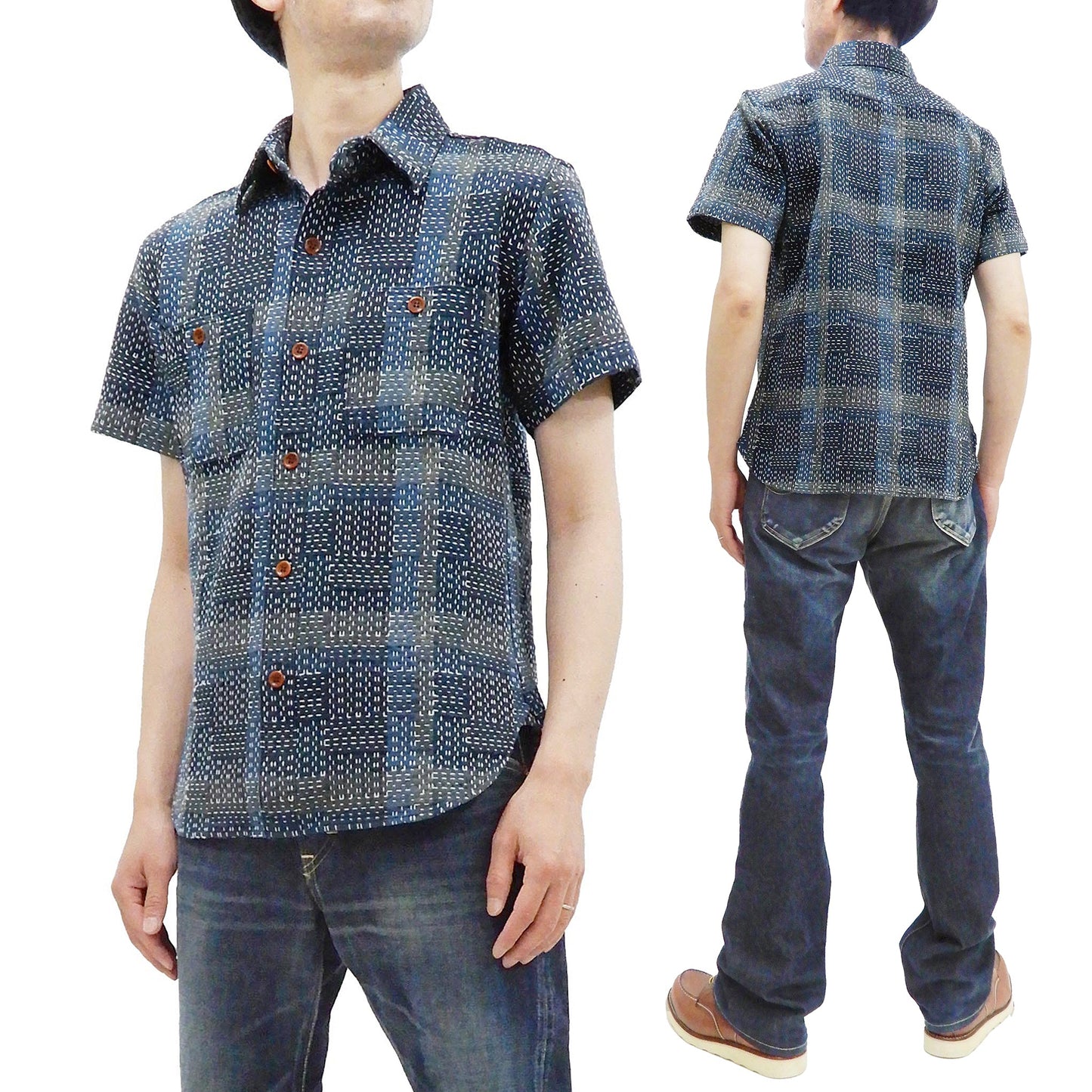 Studio D'artisan Men's Noragi-Style Sashiko Jacquard Short Sleeve Shirt, Boro-Inspired Heavyweight Japanese Workwear Button-Up Shirt, Made in Japan (SDA 5657, Blue)