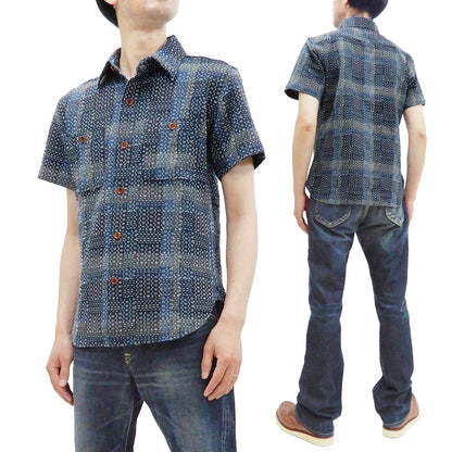 Studio D'artisan Men's Noragi-Style Sashiko Jacquard Short Sleeve Shirt, Boro-Inspired Heavyweight Japanese Workwear Button-Up Shirt, Made in Japan (SDA 5657, Blue)