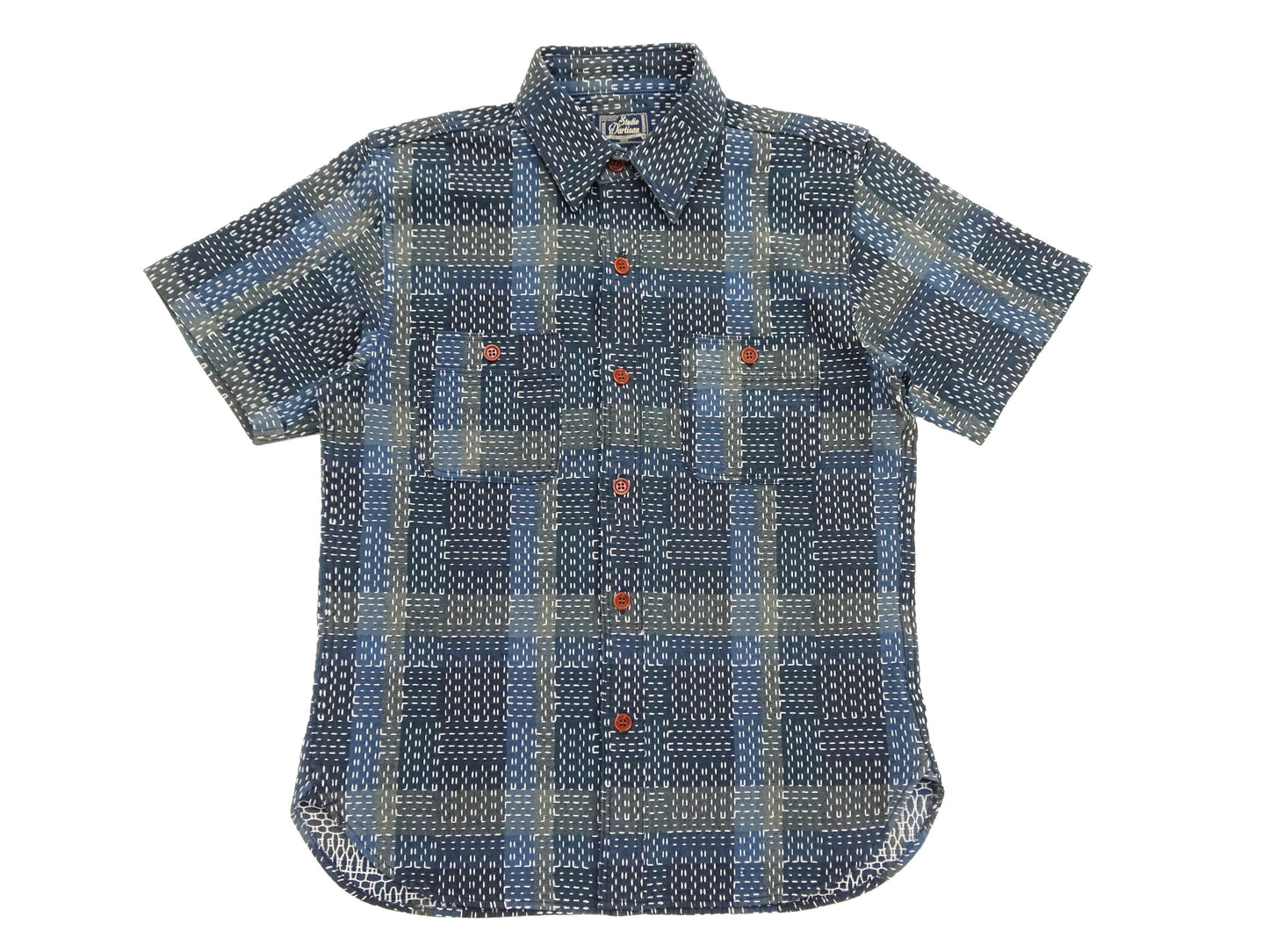 Studio D'artisan Men's Noragi-Style Sashiko Jacquard Short Sleeve Shirt, Boro-Inspired Heavyweight Japanese Workwear Button-Up Shirt, Made in Japan (SDA 5657, Blue)