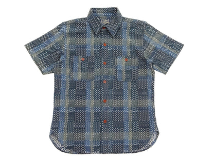 Studio D'artisan Men's Noragi-Style Sashiko Jacquard Short Sleeve Shirt, Boro-Inspired Heavyweight Japanese Workwear Button-Up Shirt, Made in Japan (SDA 5657, Blue)