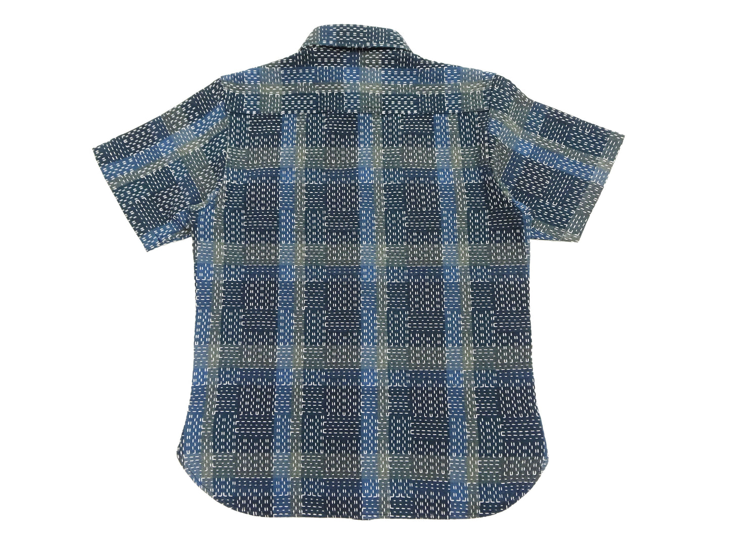 Studio D'artisan Men's Noragi-Style Sashiko Jacquard Short Sleeve Shirt, Boro-Inspired Heavyweight Japanese Workwear Button-Up Shirt, Made in Japan (SDA 5657, Blue)