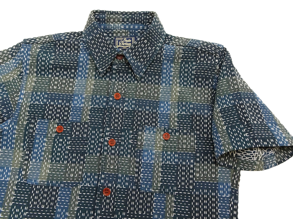 Studio D'artisan Men's Noragi-Style Sashiko Jacquard Short Sleeve Shirt, Boro-Inspired Heavyweight Japanese Workwear Button-Up Shirt, Made in Japan (SDA 5657, Blue)