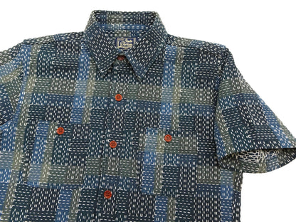 Studio D'artisan Men's Noragi-Style Sashiko Jacquard Short Sleeve Shirt, Boro-Inspired Heavyweight Japanese Workwear Button-Up Shirt, Made in Japan (SDA 5657, Blue)