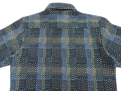 Studio D'artisan Men's Noragi-Style Sashiko Jacquard Short Sleeve Shirt, Boro-Inspired Heavyweight Japanese Workwear Button-Up Shirt, Made in Japan (SDA 5657, Blue)