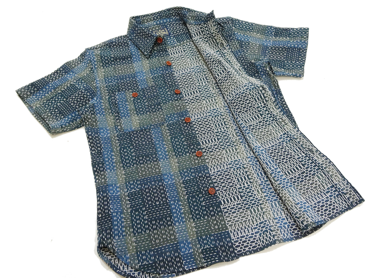 Studio D'artisan Men's Noragi-Style Sashiko Jacquard Short Sleeve Shirt, Boro-Inspired Heavyweight Japanese Workwear Button-Up Shirt, Made in Japan (SDA 5657, Blue)