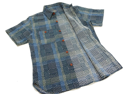 Studio D'artisan Men's Noragi-Style Sashiko Jacquard Short Sleeve Shirt, Boro-Inspired Heavyweight Japanese Workwear Button-Up Shirt, Made in Japan (SDA 5657, Blue)