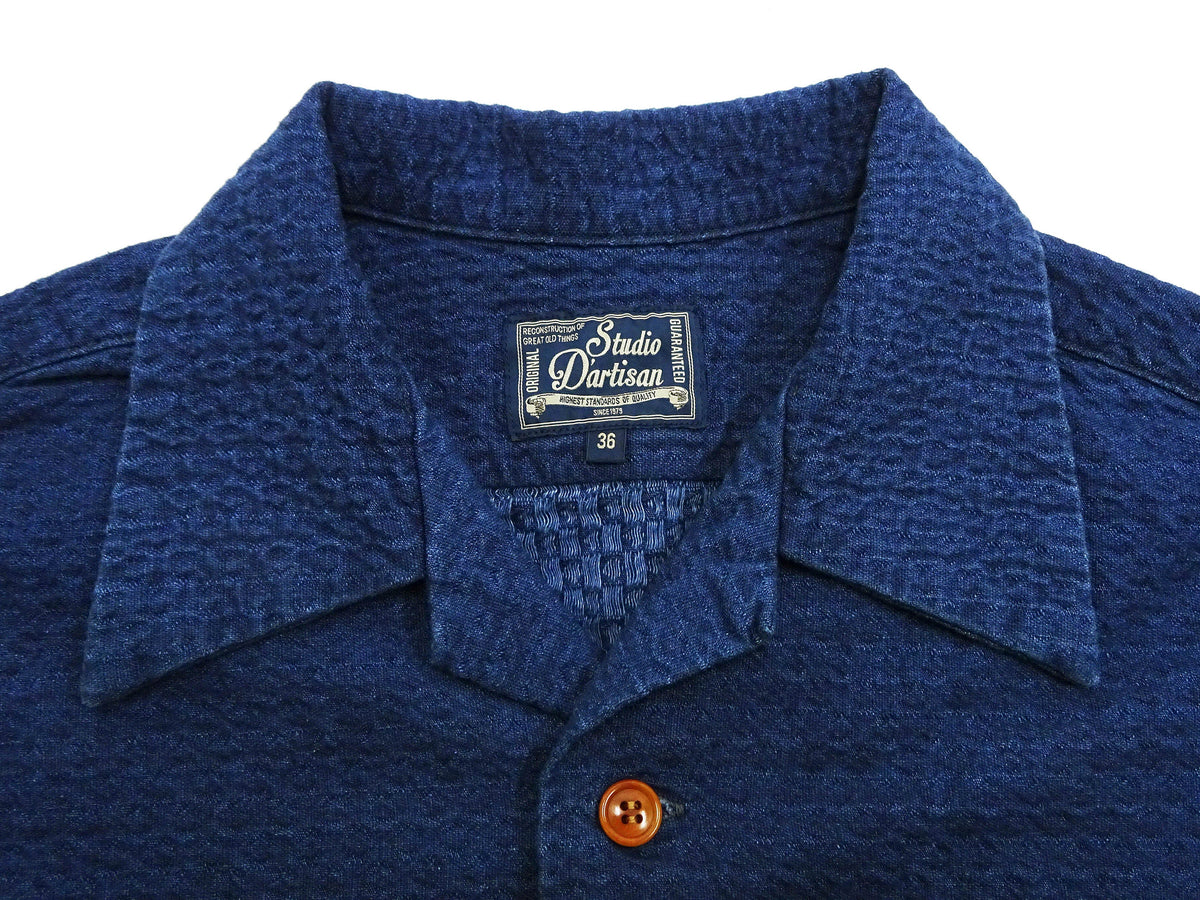 Studio D'Artisan Indigo Dobby Camp Collar Shirt - Men's Short Sleeve Casual Shirt with Relaxed Resort-Style Design - 5724U Faded-Indigo