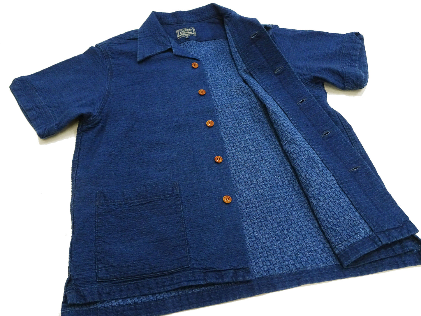 Studio D'Artisan Indigo Dobby Camp Collar Shirt - Men's Short Sleeve Casual Shirt with Relaxed Resort-Style Design - 5724U Faded-Indigo