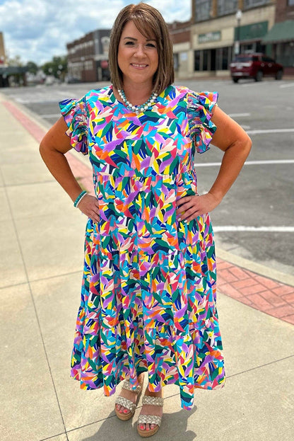 Blue Abstract Print Ruffle Sleeve Plus Size Tiered Maxi Dress
