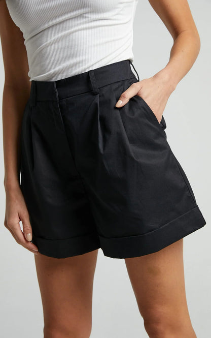 Khaimy Shorts - High Waisted Cuffed Shorts in Black
