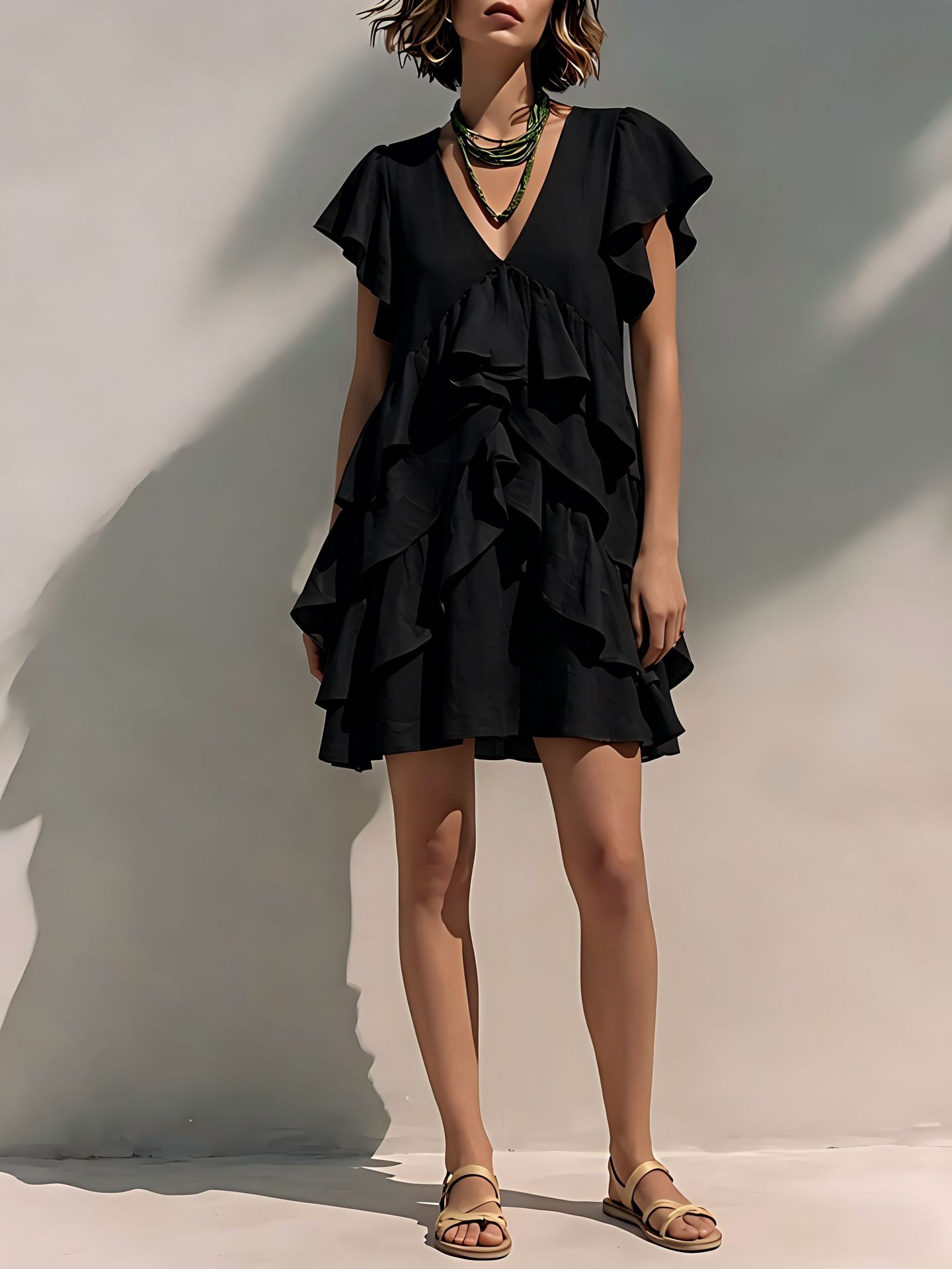 Women's V-Neck Ruffle Sleeve Casual Loose Dress