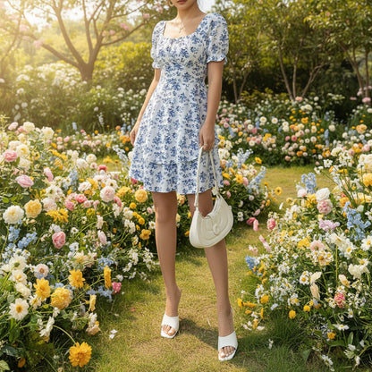 Ditsy Floral High Waist Flared Midi Dress – Short Sleeve Backless Summer Dress