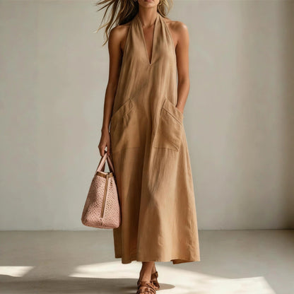 Cotton Halterneck Sleeveless Deep V-Neck Loose Straight-Line Dress