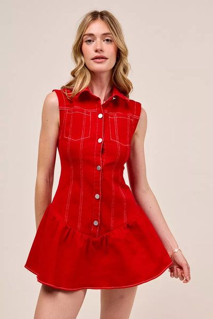 SO ME Button Down Sleeveless Collared Game Day Mini Dress